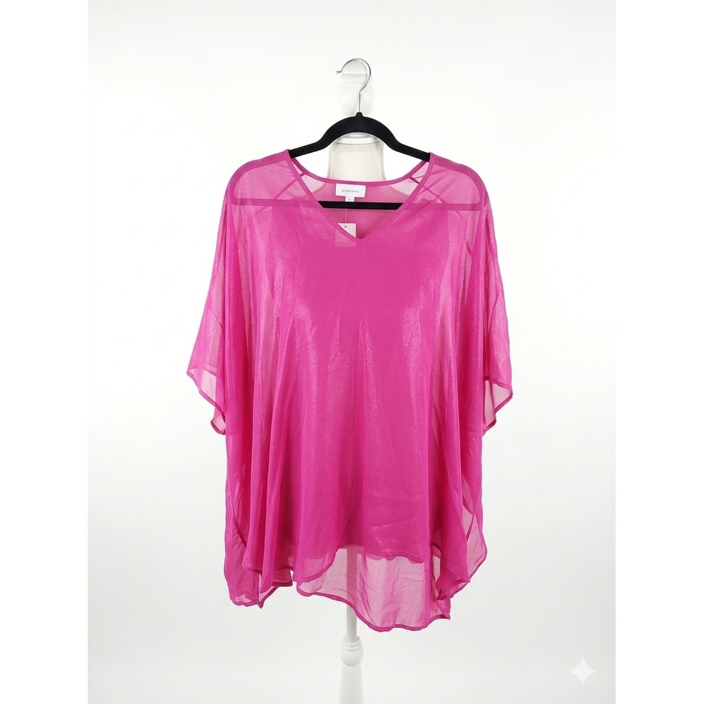 Adrienne Womens Fuchsia Pink Sheer Metallic Vneck Poncho Blouse Top Small 1719SF